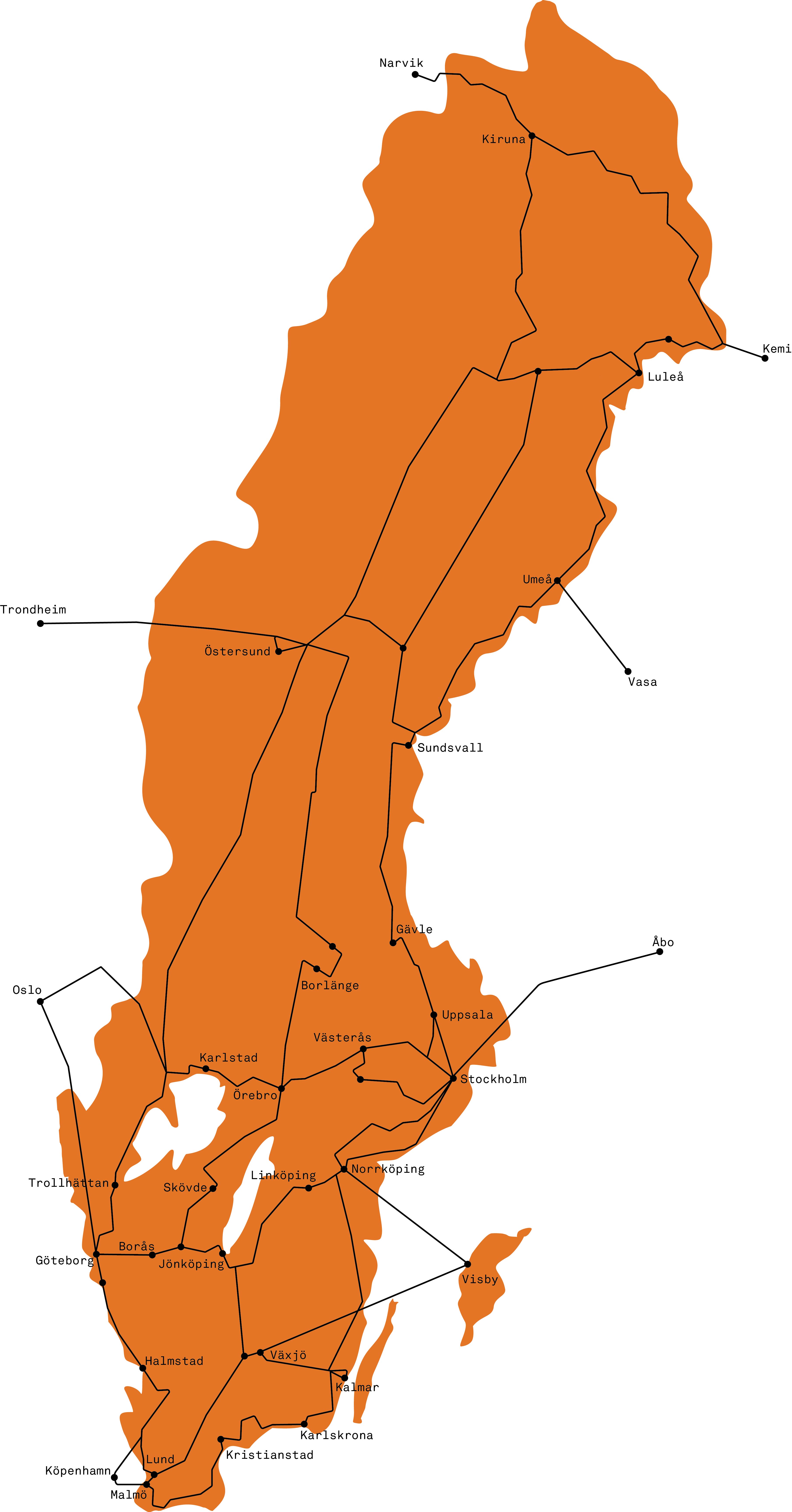 Sverigekarta med Sunets fiberväg utmarkerad över hela landet